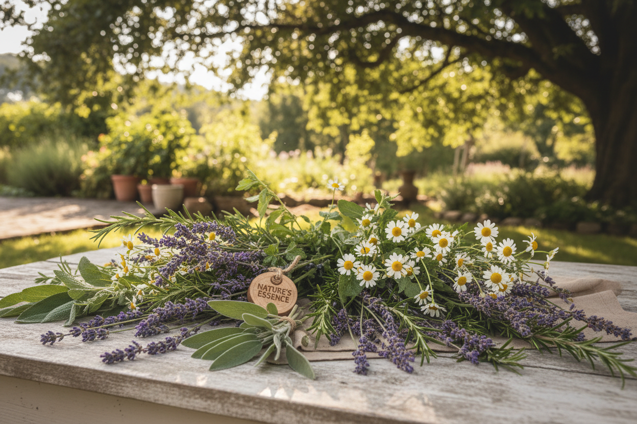 a outdoor photo of herbs and botanicals for a natural living brand